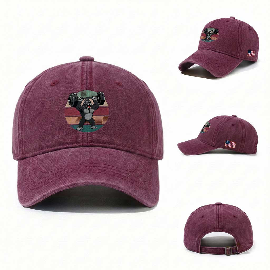 Fitness Lover Gift Washed Cotton Baseball Cap Powerlifting Gorilla Strength TS12 Washed Cap Universal Fit Burgundy Print Your Wear