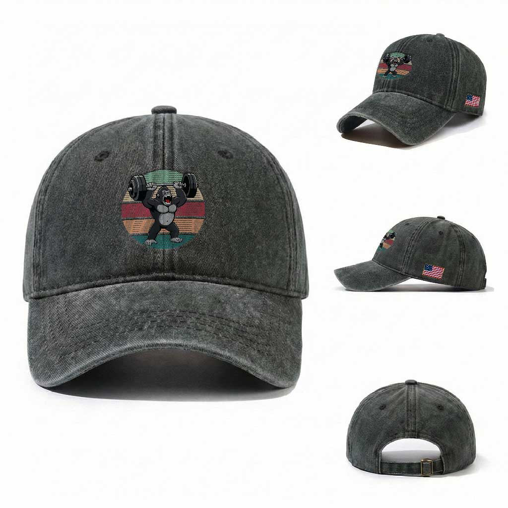 Fitness Lover Gift Washed Cotton Baseball Cap Powerlifting Gorilla Strength TS12 Washed Cap Universal Fit Dark Green Print Your Wear