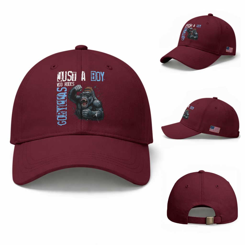 Just A Boy Who Loves Gorillas Baseball Cap Gorilla Lover Gift TS12 Baseball Cap Universal Fit Maroon Print Your Wear