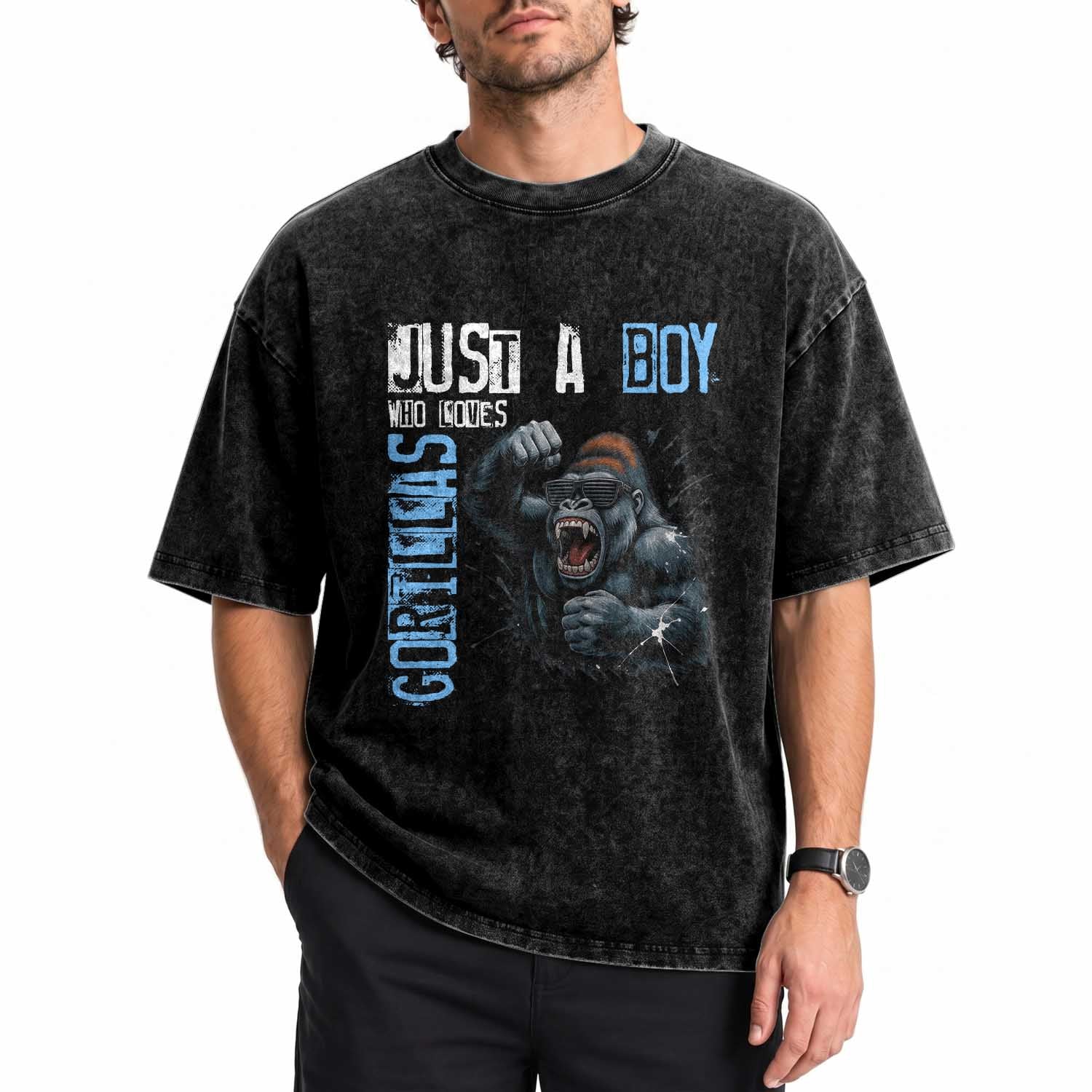 Just A Boy Who Loves Gorillas Washed Cotton T-Shirt Gorilla Lover Gift