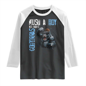 Just A Boy Who Loves Gorillas Raglan Shirt Gorilla Lover Gift TS12 Black White Print Your Wear