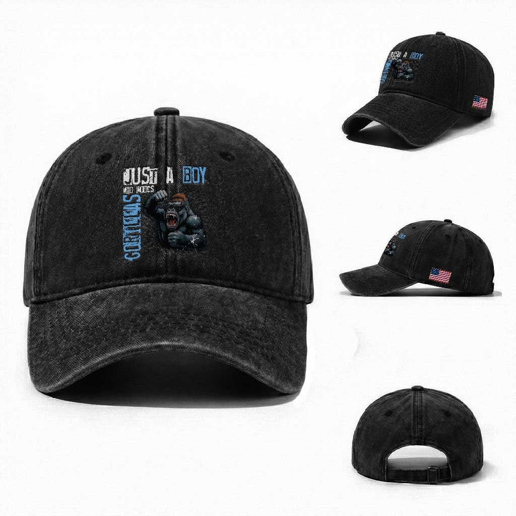Just A Boy Who Loves Gorillas Washed Cotton Baseball Cap Gorilla Lover Gift TS12 Washed Cap Universal Fit Black Print Your Wear