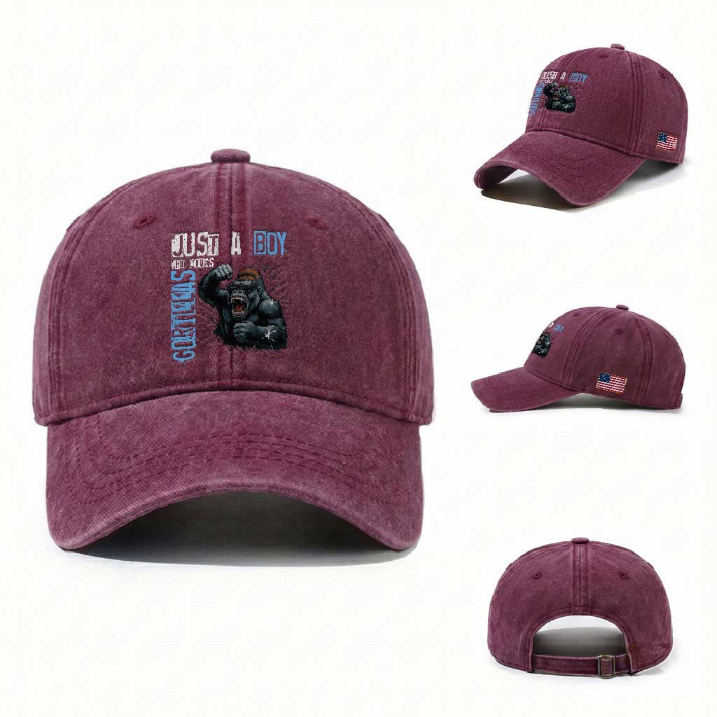 Just A Boy Who Loves Gorillas Washed Cotton Baseball Cap Gorilla Lover Gift TS12 Washed Cap Universal Fit Burgundy Print Your Wear