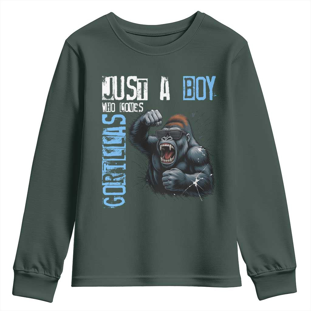 Just A Boy Who Loves Gorillas Youth Sweatshirt Gorilla Lover Gift TS12 Dark Forest Green Print Your Wear
