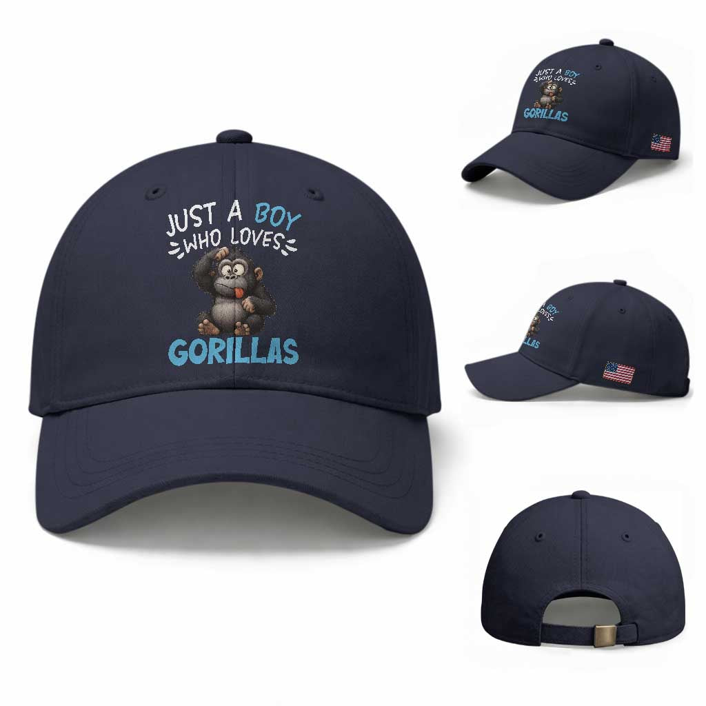 Funny Gorilla Lover Gift Baseball Cap Just A Boy Who Loves Gorillas TS12 Baseball Cap Universal Fit Navy Print Your Wear