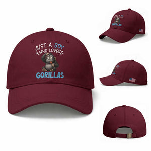 Funny Gorilla Lover Gift Baseball Cap Just A Boy Who Loves Gorillas TS12 Baseball Cap Universal Fit Maroon Print Your Wear