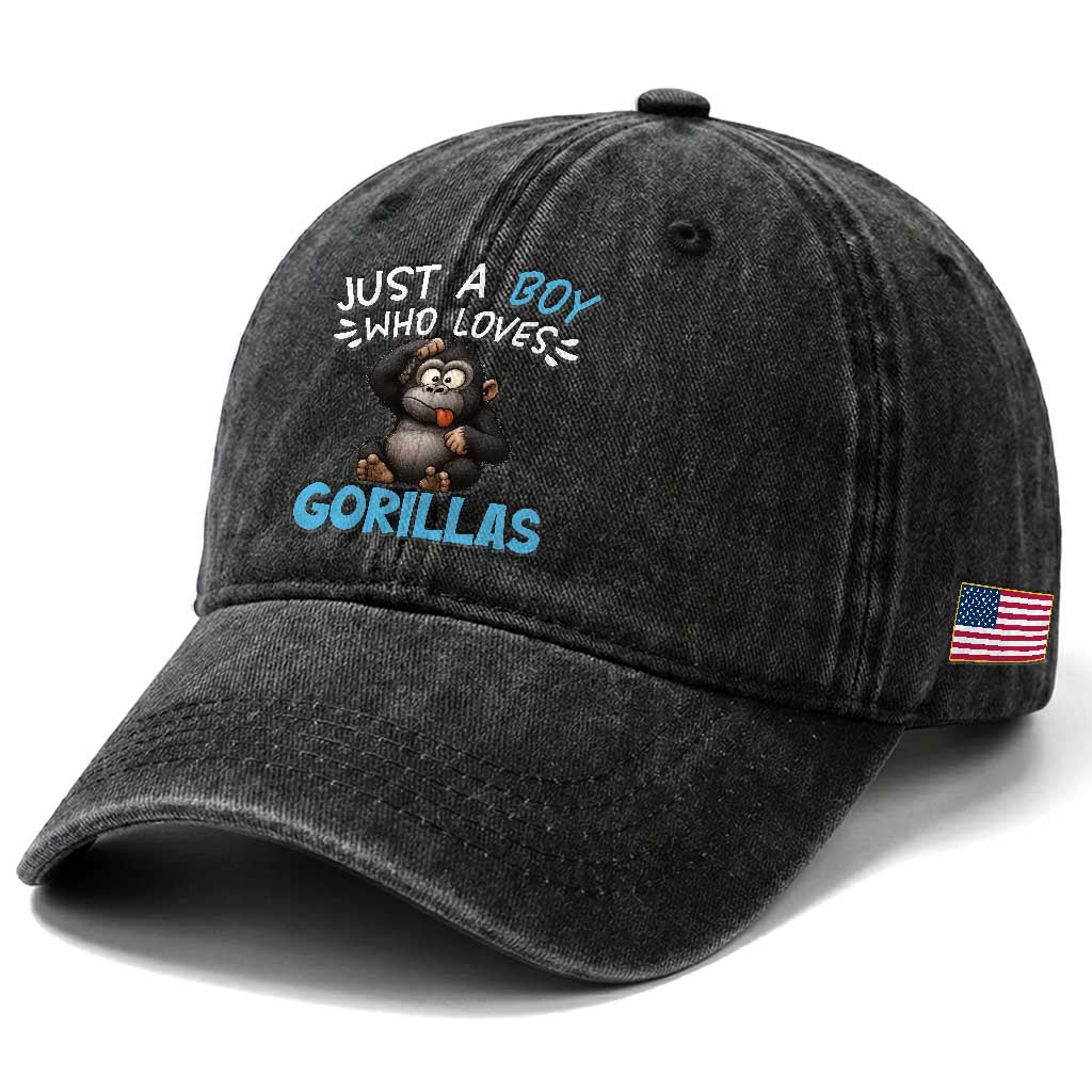Funny Gorilla Lover Gift Washed Cotton Baseball Cap Just A Boy Who Loves Gorillas TS12 Print Your Wear