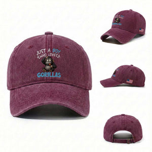 Funny Gorilla Lover Gift Washed Cotton Baseball Cap Just A Boy Who Loves Gorillas TS12 Washed Cap Universal Fit Burgundy Print Your Wear