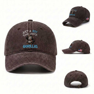 Funny Gorilla Lover Gift Washed Cotton Baseball Cap Just A Boy Who Loves Gorillas TS12 Washed Cap Universal Fit Dark Brown Print Your Wear