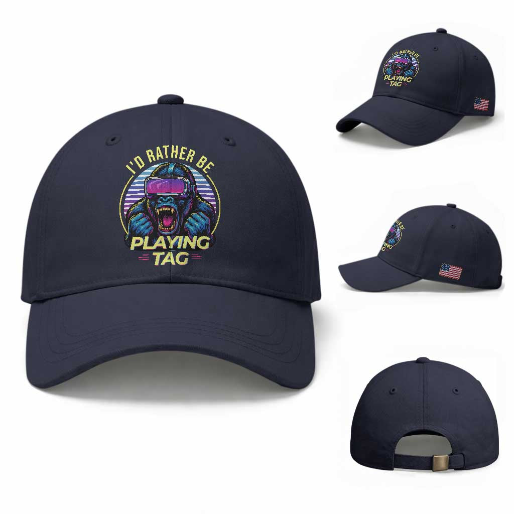 VR Gamer Gorilla Baseball Cap I’d Rather Be Playing Tag Gift TS12 Baseball Cap Universal Fit Navy Print Your Wear