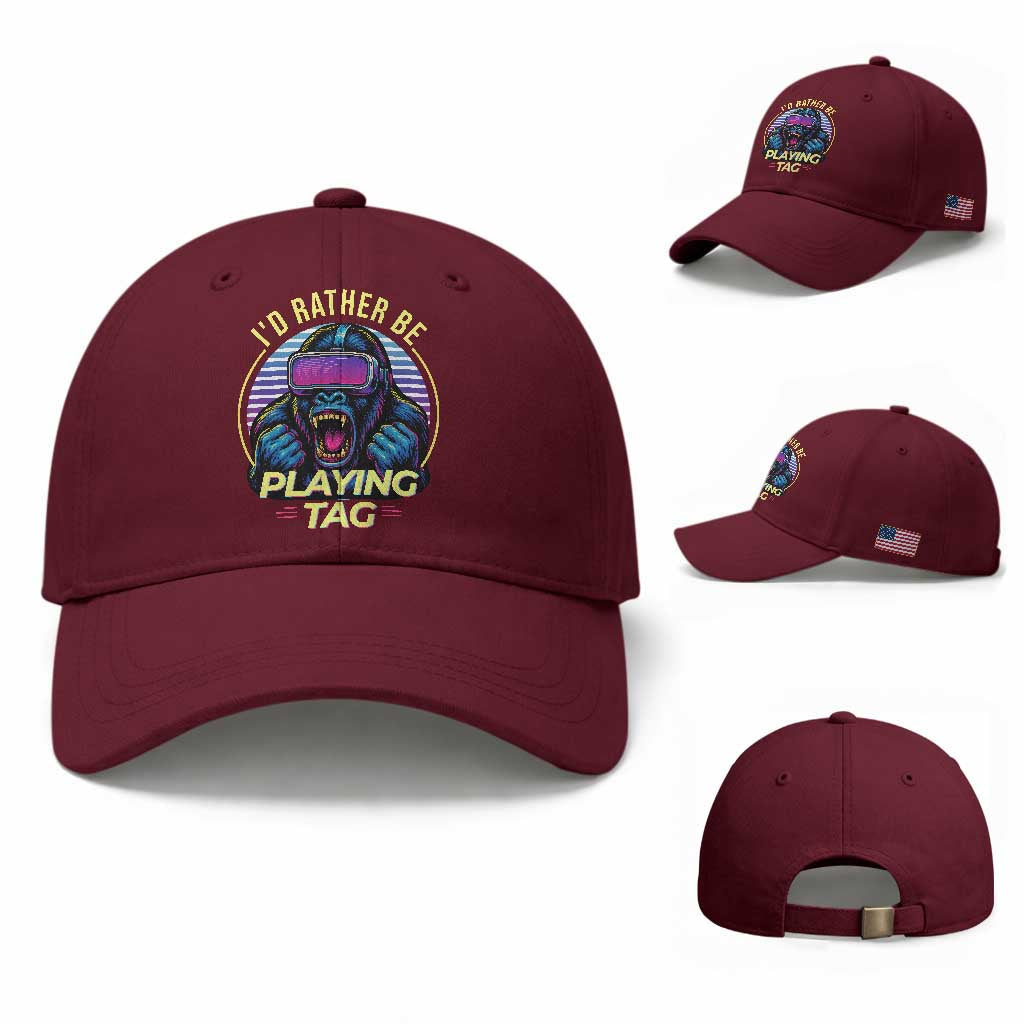 VR Gamer Gorilla Baseball Cap I’d Rather Be Playing Tag Gift TS12 Baseball Cap Universal Fit Maroon Print Your Wear