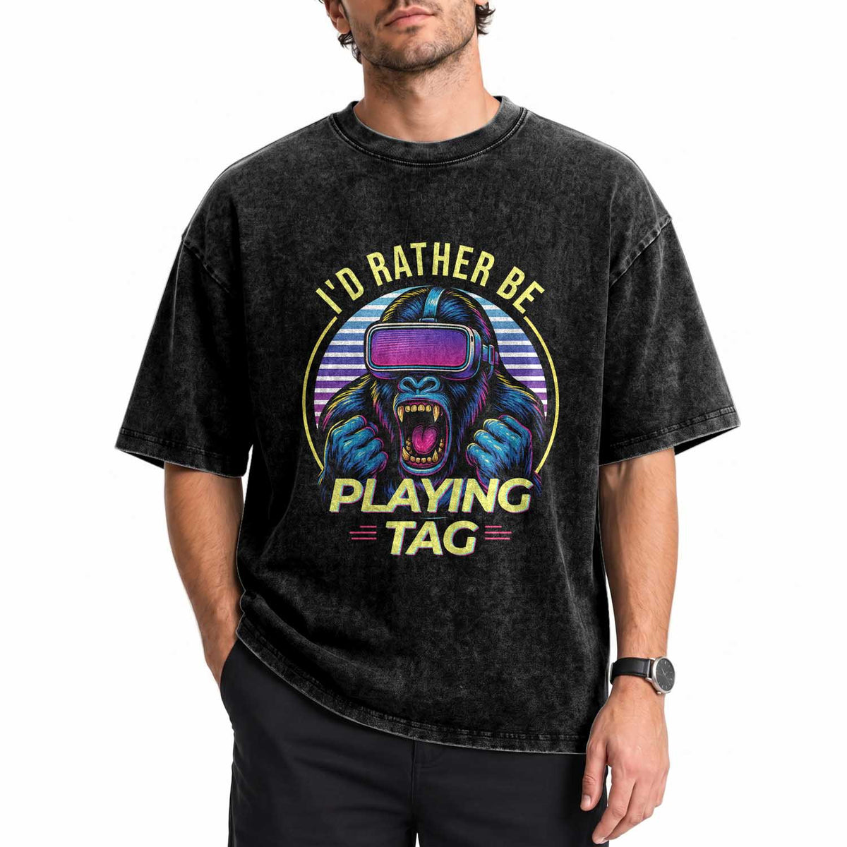 VR Gamer Gorilla Washed Cotton T-Shirt I’d Rather Be Playing Tag Gift