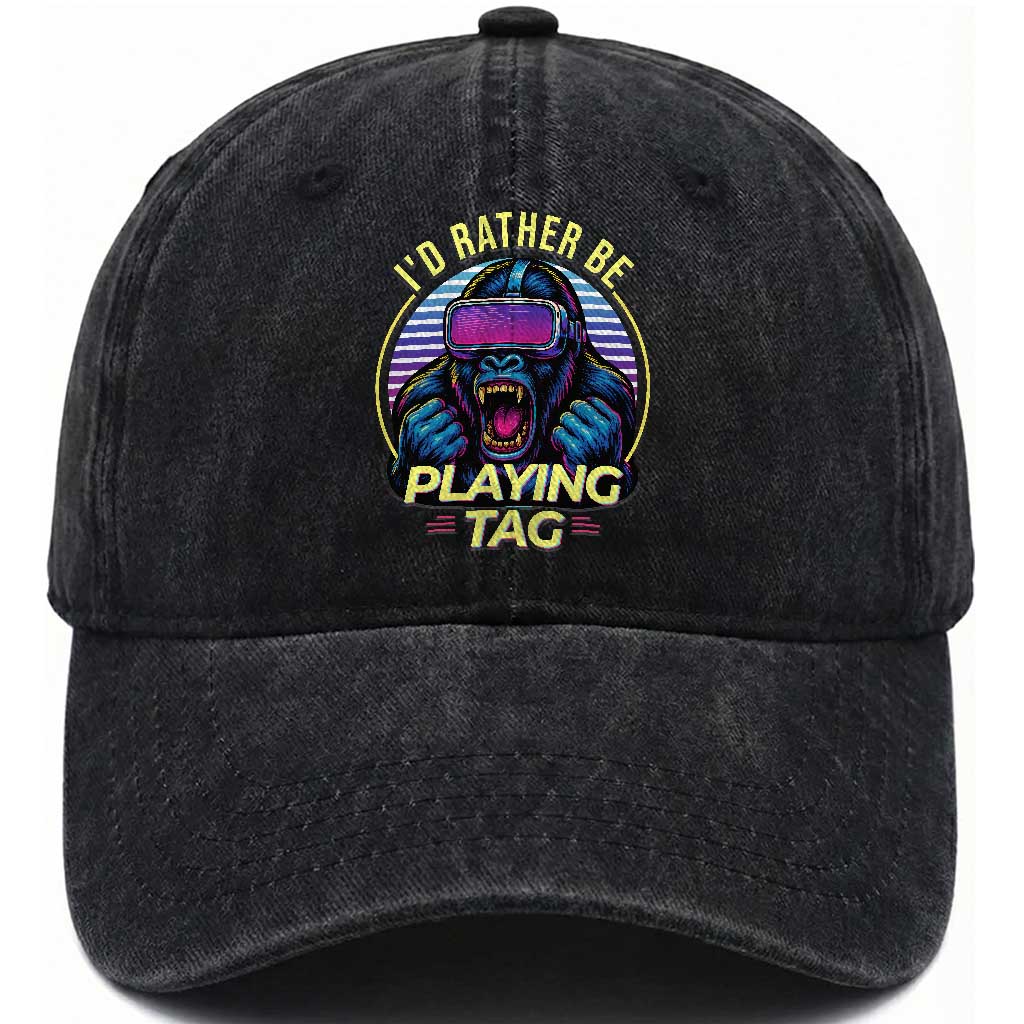 VR Gamer Gorilla Washed Cotton Baseball Cap I’d Rather Be Playing Tag Gift TS12 Print Your Wear