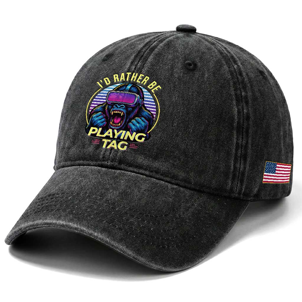 VR Gamer Gorilla Washed Cotton Baseball Cap I’d Rather Be Playing Tag Gift TS12 Print Your Wear