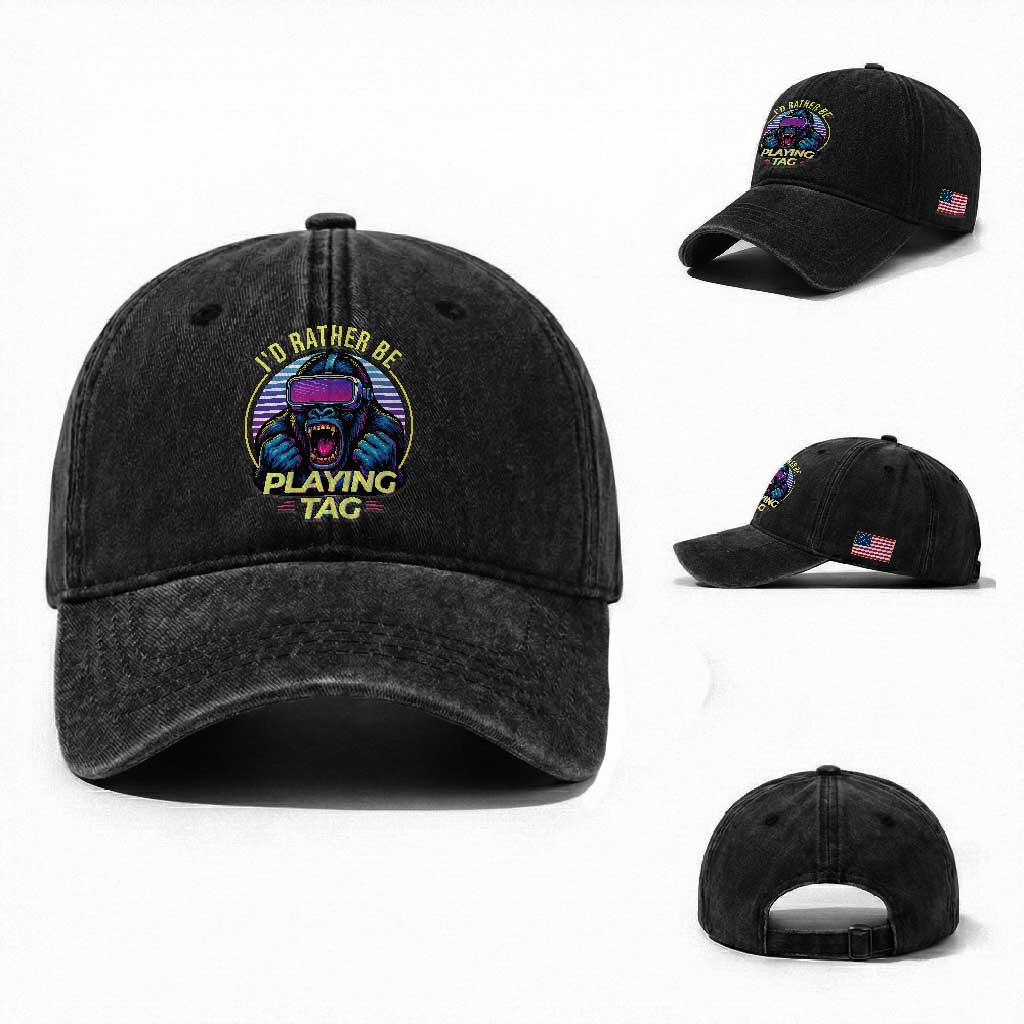 VR Gamer Gorilla Washed Cotton Baseball Cap I’d Rather Be Playing Tag Gift TS12 Washed Cap Universal Fit Black Print Your Wear