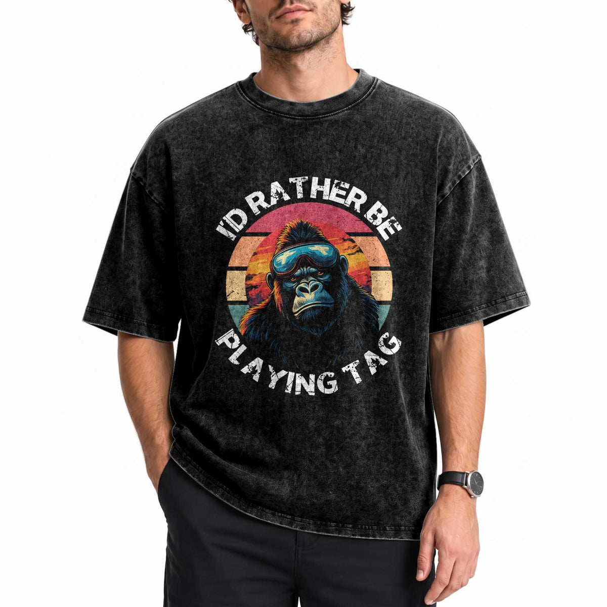 Funny Gorilla Lover Washed Cotton T-Shirt I’d Rather Be Playing Tag VR Game
