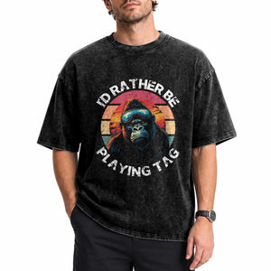 Funny Gorilla Lover Washed Cotton T-Shirt I’d Rather Be Playing Tag VR Game