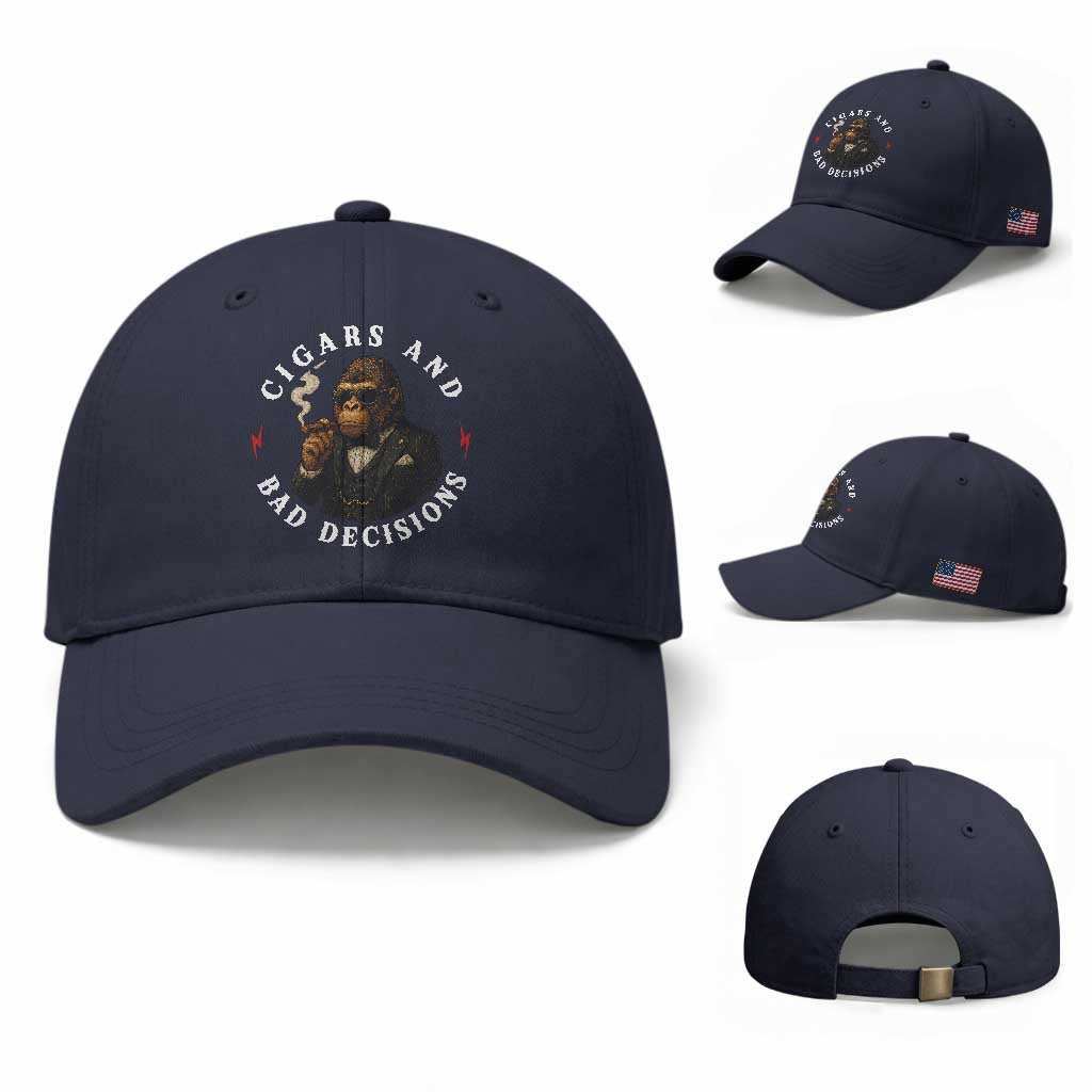 Cigars And Bad Decisions Baseball Cap Funny Gorilla Gift TS12 Baseball Cap Universal Fit Navy Print Your Wear