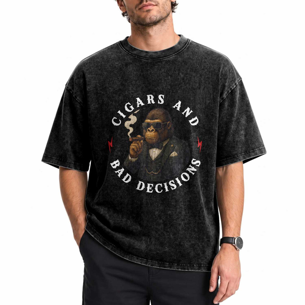Cigars And Bad Decisions Washed Cotton T-Shirt Funny Gorilla Gift