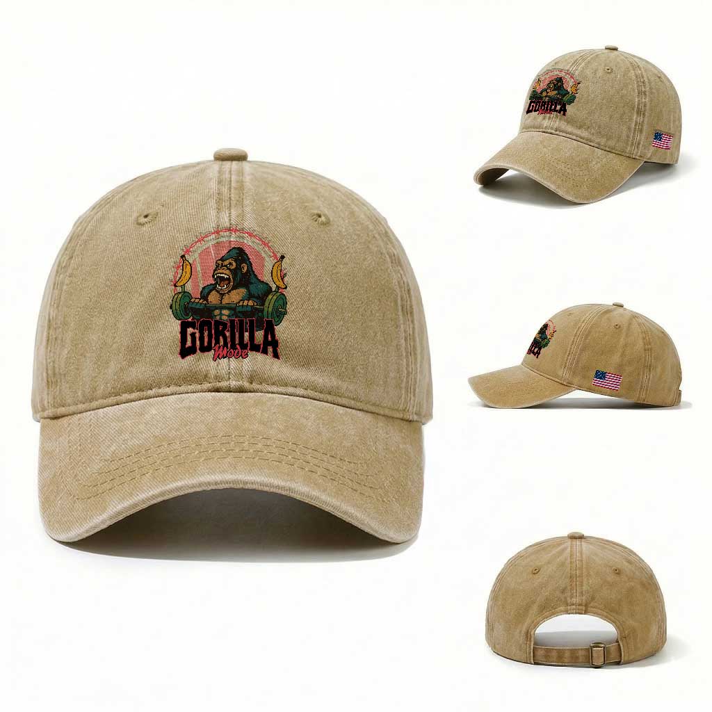 Fitness Lover Gift Washed Cotton Baseball Cap Gorilla Mode TS12 Washed Cap Universal Fit Khaki Print Your Wear