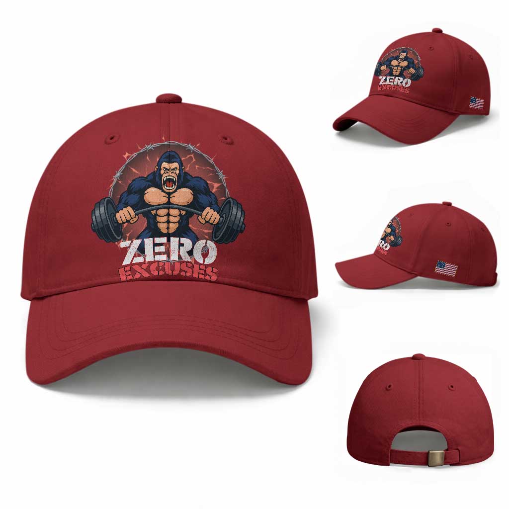 Zero Excuses Baseball Cap Gorilla Fitness Lover Gift TS12 Baseball Cap Universal Fit Cherry Red Print Your Wear