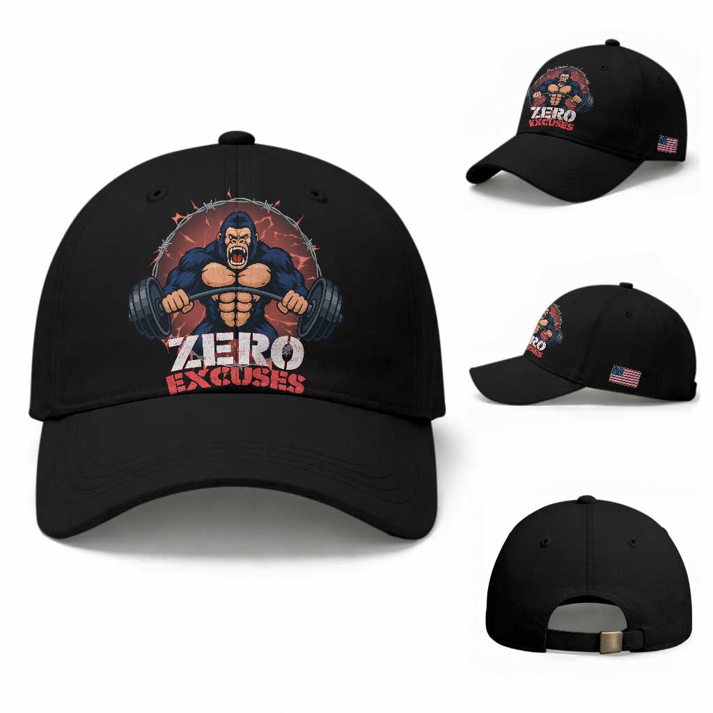 Zero Excuses Baseball Cap Gorilla Fitness Lover Gift TS12 Baseball Cap Universal Fit Black Print Your Wear