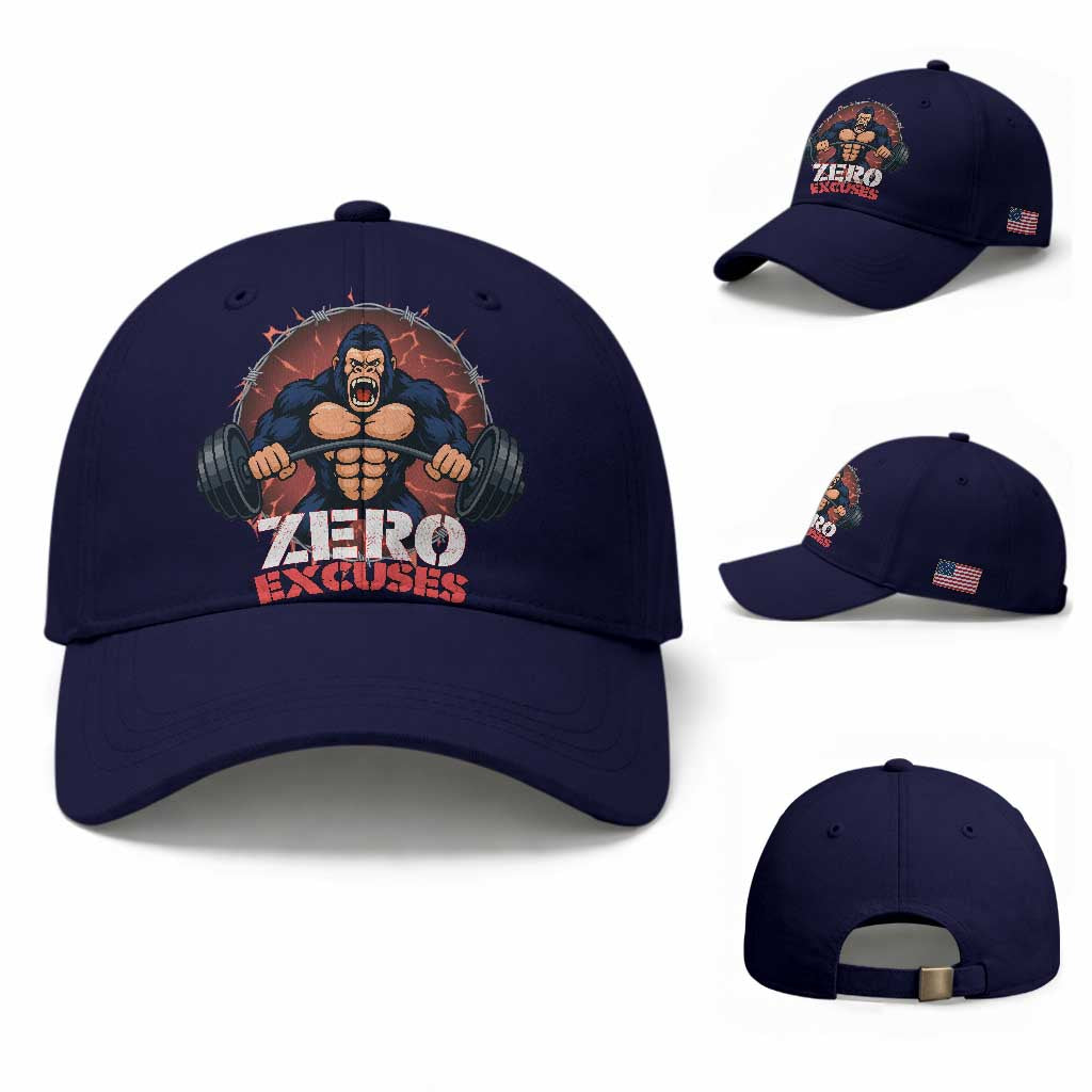 Zero Excuses Baseball Cap Gorilla Fitness Lover Gift TS12 Baseball Cap Universal Fit Dark Blue Print Your Wear