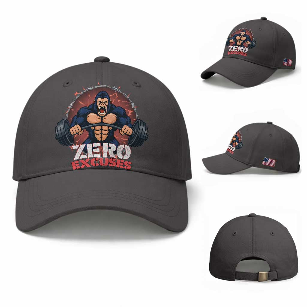 Zero Excuses Baseball Cap Gorilla Fitness Lover Gift TS12 Baseball Cap Universal Fit Dark Gray Print Your Wear
