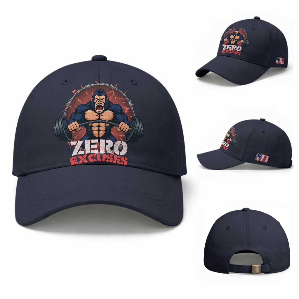 Zero Excuses Baseball Cap Gorilla Fitness Lover Gift TS12 Baseball Cap Universal Fit Navy Print Your Wear