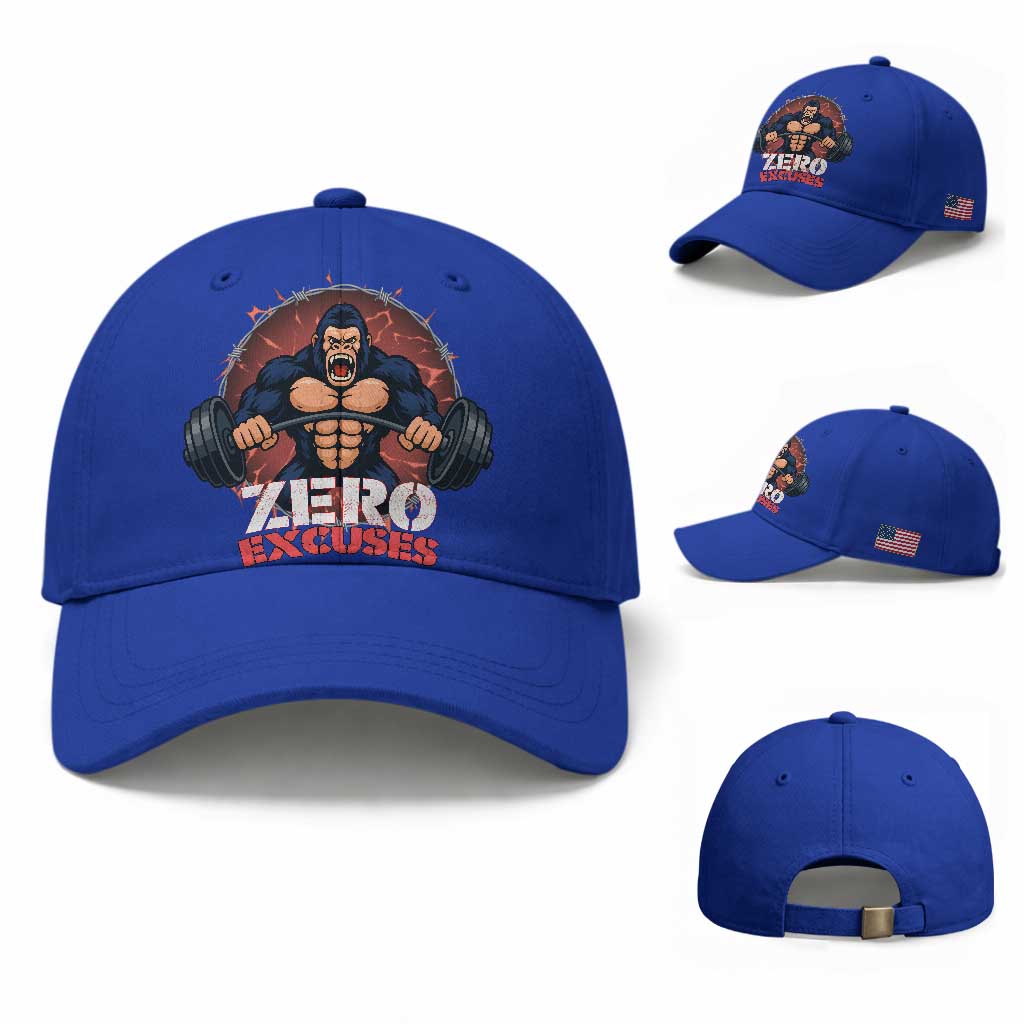Zero Excuses Baseball Cap Gorilla Fitness Lover Gift TS12 Baseball Cap Universal Fit Royal Blue Print Your Wear