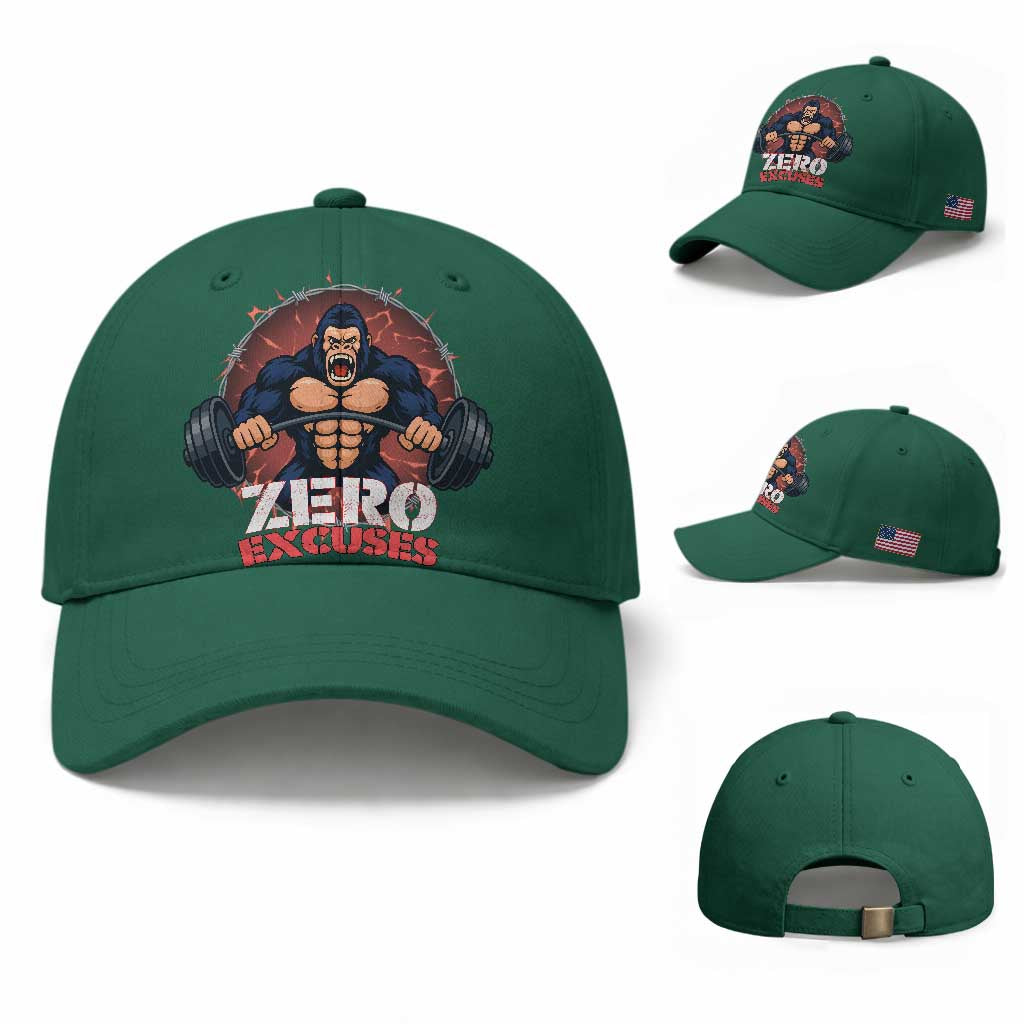Zero Excuses Baseball Cap Gorilla Fitness Lover Gift TS12 Baseball Cap Universal Fit Irish Green Print Your Wear