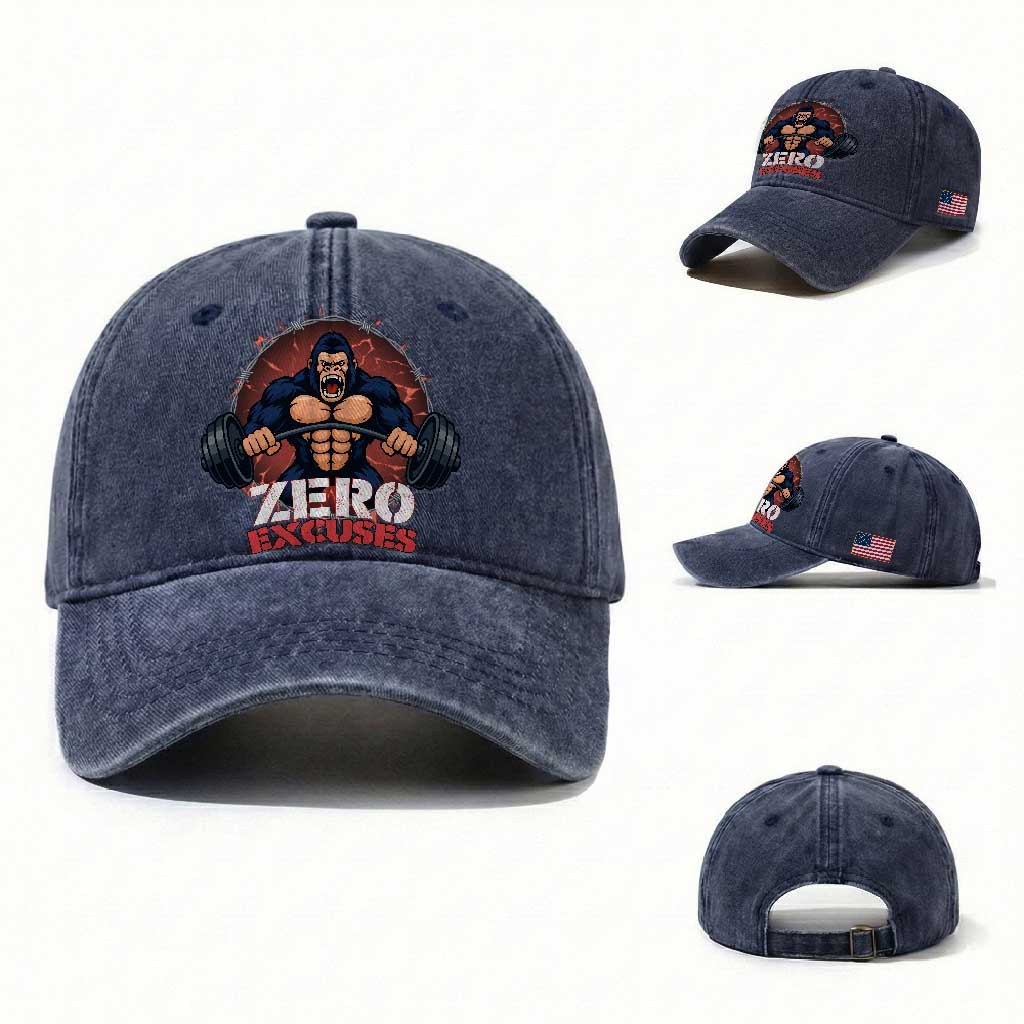 Zero Excuses Washed Cotton Baseball Cap Gorilla Fitness Lover Gift TS12 Washed Cap Universal Fit Navy Print Your Wear