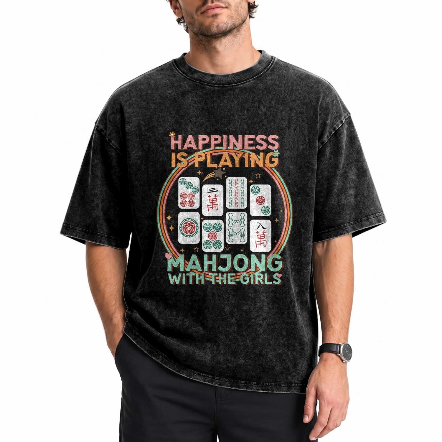 Happiness Is Playing Mahjong With The Girls Washed Cotton T-Shirt Mahjong Time