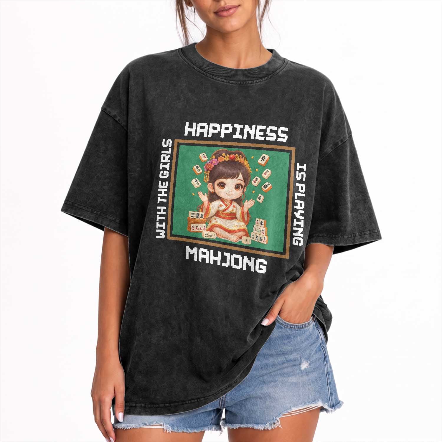 Gambling Chinese Gift Washed Cotton T-Shirt Happiness Is Playing Mahjong With The Girls