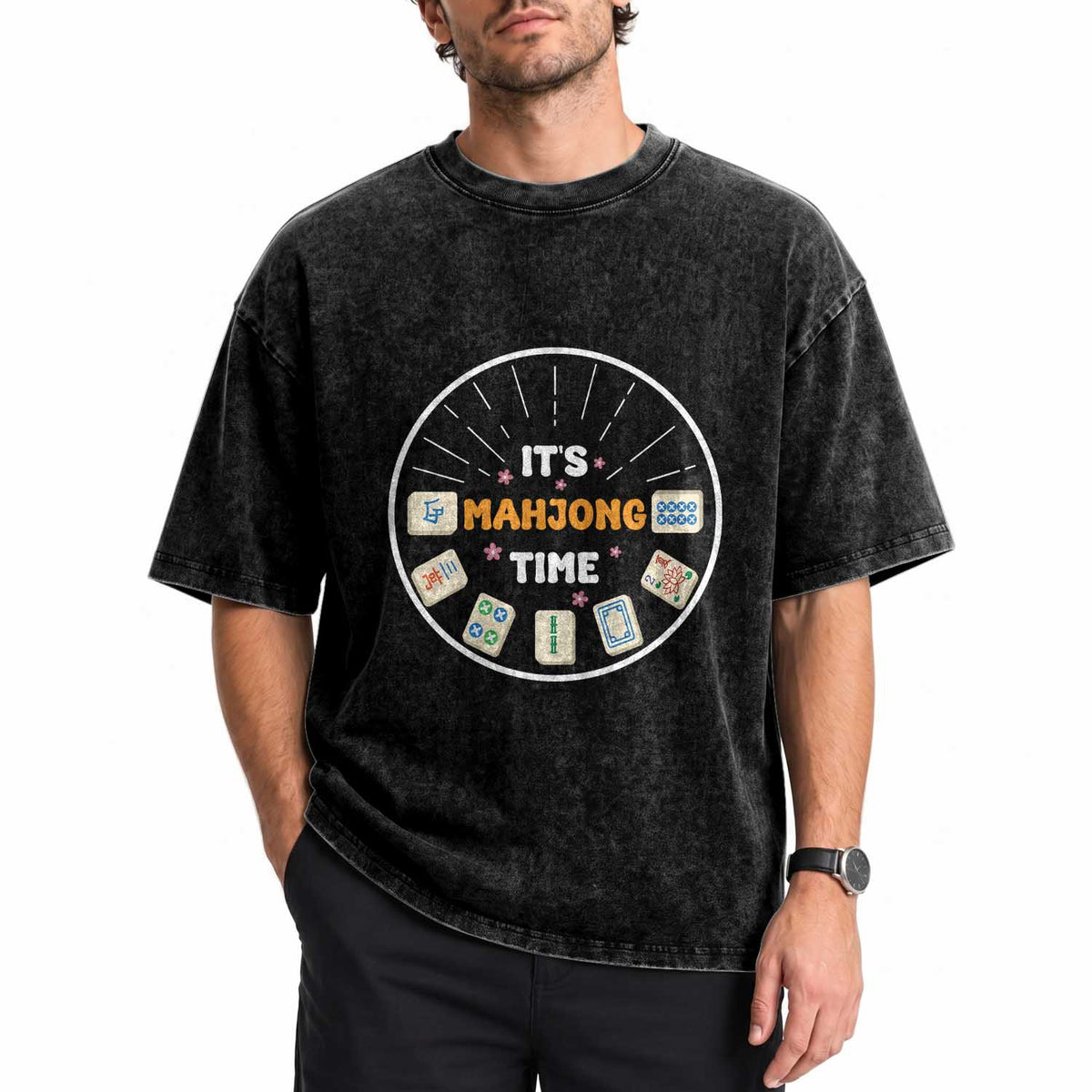 It Is Mahjong Time Washed Cotton T-Shirt Gambling Chinese Gift
