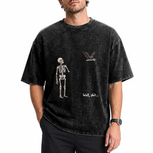 Funny Well Shit Skeleton Washed Cotton T-Shirt Bat Carrying Bones Halloween Gift