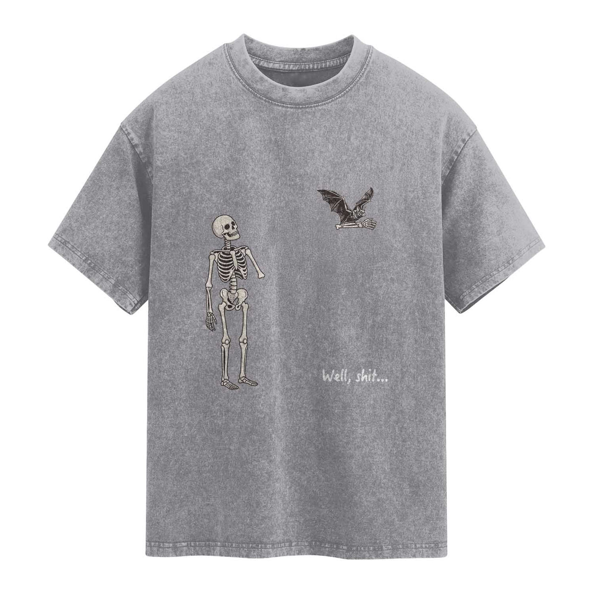 Funny Well Shit Skeleton Washed Cotton T-Shirt Bat Carrying Bones Halloween Gift