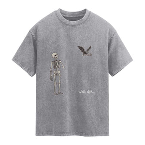 Funny Well Shit Skeleton Washed Cotton T-Shirt Bat Carrying Bones Halloween Gift