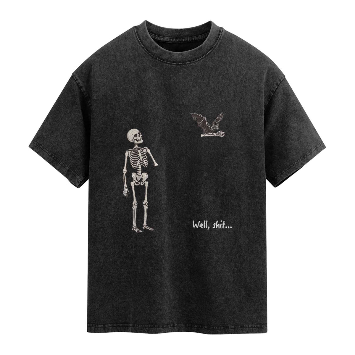 Funny Well Shit Skeleton Washed Cotton T-Shirt Bat Carrying Bones Halloween Gift