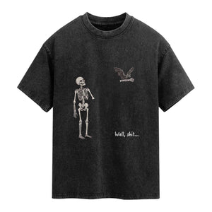 Funny Well Shit Skeleton Washed Cotton T-Shirt Bat Carrying Bones Halloween Gift