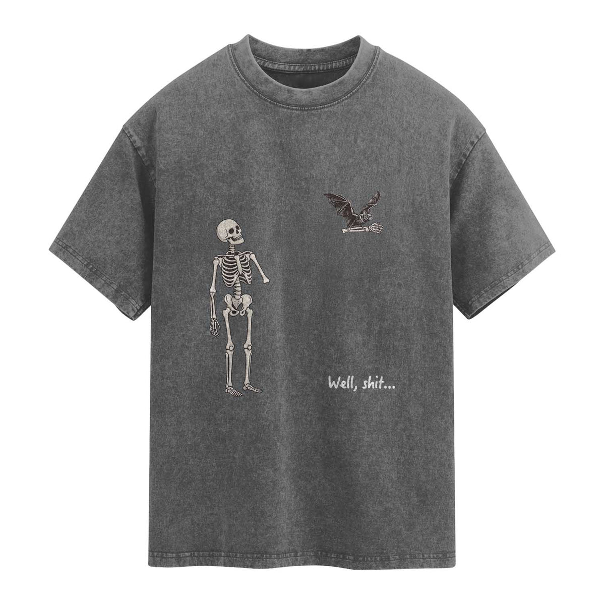 Funny Well Shit Skeleton Washed Cotton T-Shirt Bat Carrying Bones Halloween Gift