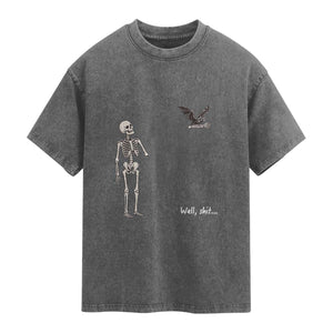 Funny Well Shit Skeleton Washed Cotton T-Shirt Bat Carrying Bones Halloween Gift