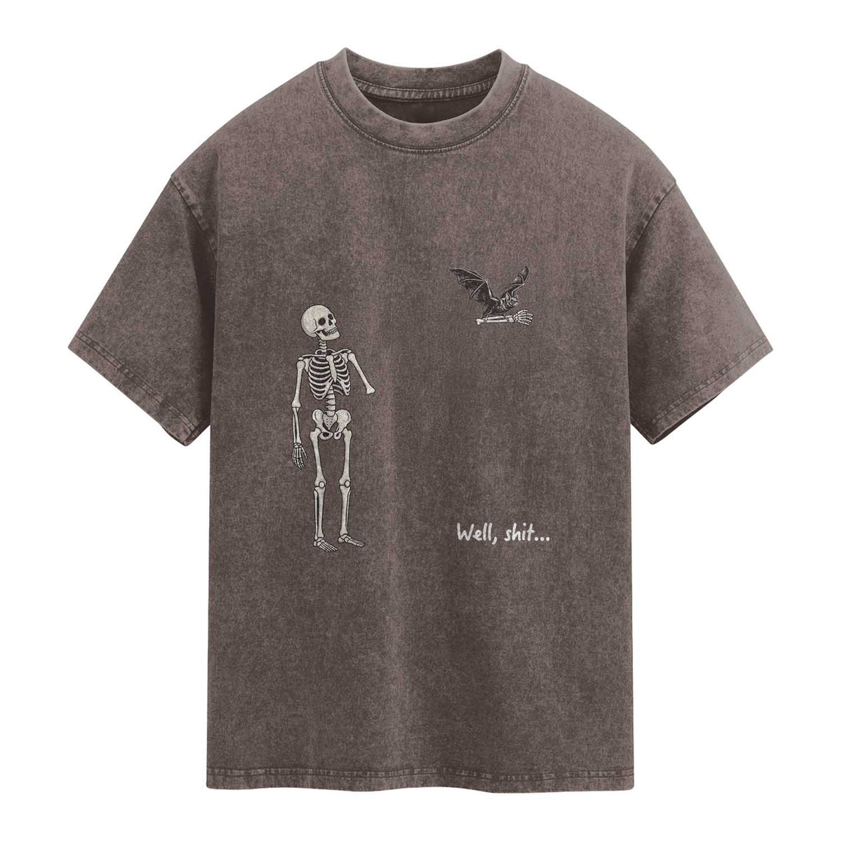 Funny Well Shit Skeleton Washed Cotton T-Shirt Bat Carrying Bones Halloween Gift