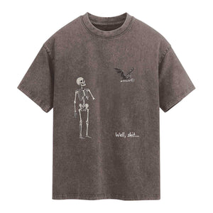 Funny Well Shit Skeleton Washed Cotton T-Shirt Bat Carrying Bones Halloween Gift