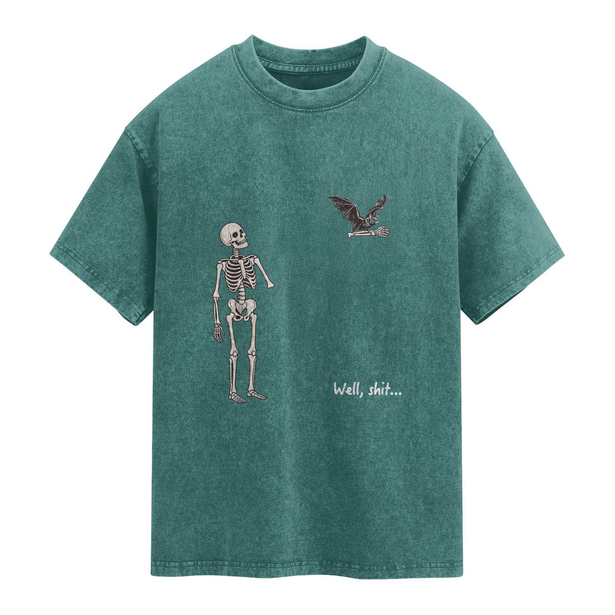 Funny Well Shit Skeleton Washed Cotton T-Shirt Bat Carrying Bones Halloween Gift