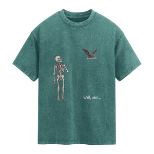Funny Well Shit Skeleton Washed Cotton T-Shirt Bat Carrying Bones Halloween Gift