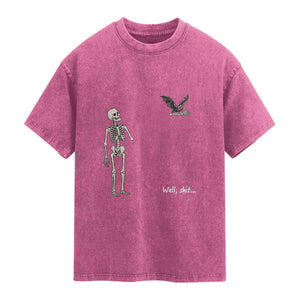 Funny Well Shit Skeleton Washed Cotton T-Shirt Bat Carrying Bones Halloween Gift