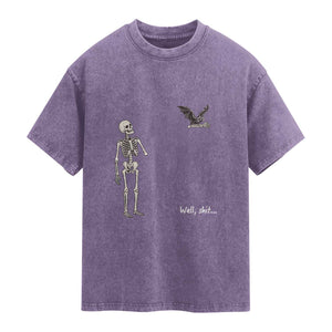 Funny Well Shit Skeleton Washed Cotton T-Shirt Bat Carrying Bones Halloween Gift
