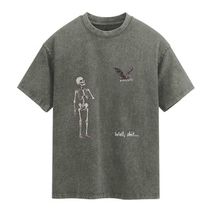 Funny Well Shit Skeleton Washed Cotton T-Shirt Bat Carrying Bones Halloween Gift