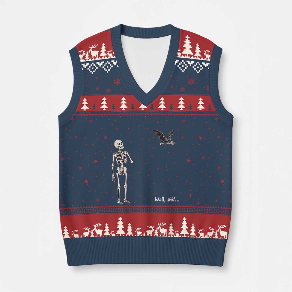Funny Well Shit Skeleton V-Neck Knit Sweater Vest Bat Carrying Bones Halloween Gift